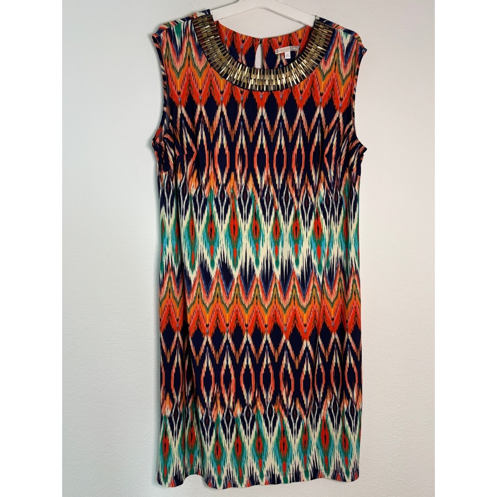 Signature Camryn Womens 18W Ikat Print Sleeveless Dress Beaded Neckline